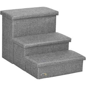 PawHut 3 Step Dog Steps with Storage Boxes, Cat Stairs for Bed Sofa, Light Grey - Light Grey