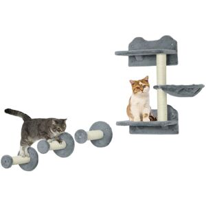 Pawhut - 4PCs Cat Shelf Cat Wall Furniture Wall-Mounted Cat Tree Scratching Post Grey - Grey