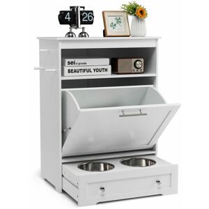 COSTWAY Pet Feeder Station Tippling-Door Storage Cabinet with 2 Stainless Steel Bowls
