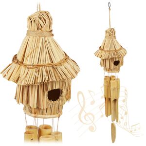 Relaxdays - 2x Wind Chimes, Bamboo, Straw, Indoor, Outdoor, Decoration, Garden, Bird House, HxWxD: 37.5x17.5x16cm, Natural