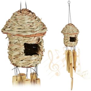 2x Wind Chimes, Bamboo, Straw, Indoor, Outdoor, Decoration, Garden, Bird House, HxWxD: 67.5x13.5cm, Natural - Relaxdays