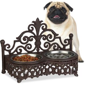 Dog Feeding Station, Antique-Style, Double Removable Style Steel Bowls, Cast Iron, Brown - Relaxdays