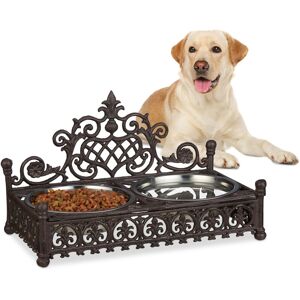 Relaxdays - Raised Dog Bowl Station for Large Dogs, Antique Design, xl Cast Iron Feeder Tray Set, 1 l Stainless Steel Bowls, Brown