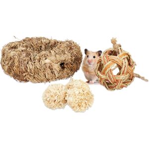 Relaxdays - Hamster Accessories Set 5 Pcs, Hamster Tunnel, Nest & 3 Balls, Straw/Grass, Cage Rodents, Mice, Natural