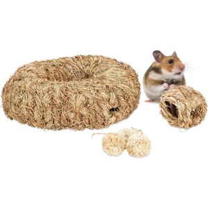 Relaxdays Hamster Accessories Set 5 Pcs, Hamster Tunnel, Nest & 3 Balls, Straw/Grass, Cage Rodents, Mice, Natural