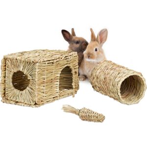 Relaxdays - Rabbit Accessories, 3-Piece Set, Straw, House, Tunnel, Toy, Small Animal Accessories, Natural