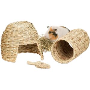 Relaxdays - Small Animal Accessories Set 3 pcs, Grass House, Tunnel & Straw, Cage Accessories Rabbit, Guinea Pig, Natural