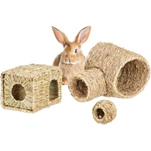 Relaxdays - Rabbit Accessories, 3-Piece Set, Straw, House, Tunnel, Toy, Small Animal Accessories, Natural