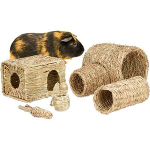 Relaxdays - Rabbit Accessories, 5-Piece Set, Straw, House, Tunnel, Toy, Small Animal Accessories for Employment, Natural