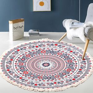 DENUOTOP Rug Living Room Round Hand Woven Cotton Rug Mandala Pattern Bohemian Vintage Style With Pompoms Machine Washable For Bedroom Hallway Living Room