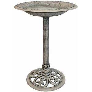 Gr8 Garden - Stone Effect Plastic Pedestal Free Standing Wild Bird Bath Outdoor Garden Feeder - Grey