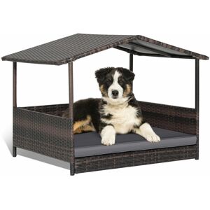 CASART Wicker Dog House Raised PE Rattan Dog Bed With Roof & Detachable Soft Cushion