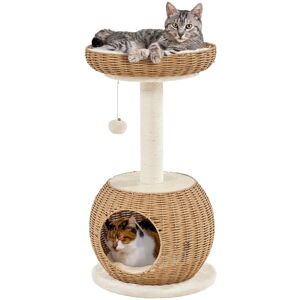 Rattan Cat House Cat Furniture with Soft Cushion, Beige - Yaheetech