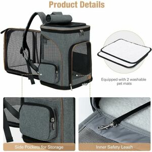 Dewdat - Cat Dog Backpack, Expandable Foldable Cat Dog Carrier Bag for Small Dogs with Internal Safety Leash and 2 Pet Mats, Gray