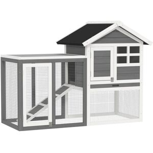 PawHut 2 Tier Rabbit Hutch Outdoor, Wooden Guinea Pig Hutch, Bunny Cage with Ramp Grey