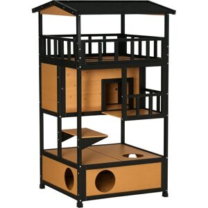 Pawhut - Wooden Outdoor Cat House 3-Tier Kitten Shelter w/ Tilted Roof Yellow