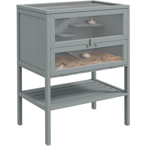Pawhut - Wooden Hamster Cage w/ Storage Shelf, Openable Top for Gerbils Grey