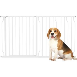 Dog Gate Wide Stair Gate w/ Door Pressure Fit Pets Barrier 76 Tall White 76H x 75-145W cm - Pawhut