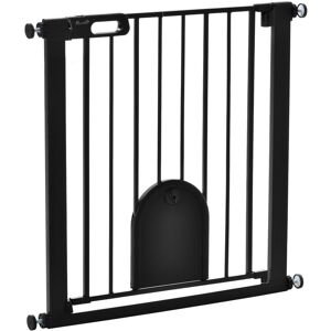 Dog Gate with Cat Flap Pet Safety Gate Barrier, Stair Pressure Fit Black 76x82 cm - Pawhut
