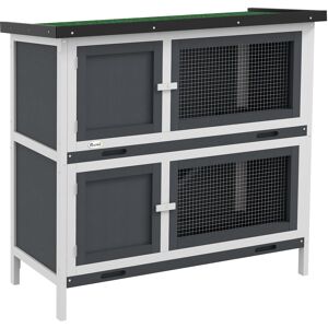 Pawhut - Rabbit Hutch, Double Decker Cage w/ Roof, Divider, Ramp, Grey