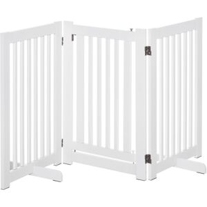 Freestanding Dog Gate Wood Safety Pet Barrier Foldable w/ Support Feet Brown White - Pawhut