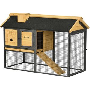 Pawhut - Rabbit Hutch and Run Guinea Pig Hutch Wooden Bunny Cage Asphalt Roof Yellow