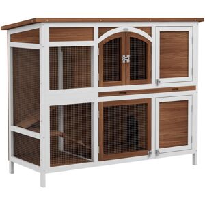 Pawhut - Two-Tier Wooden Rabbit Hutch w/ Openable Roof, Slide-Out Tray, Ramp Brown