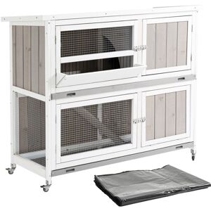Pawhut - Two-Tier Wooden Rabbit Hutch, with Wheels, Trough, Rain Cover, Tray