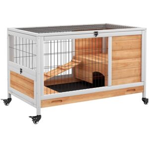 Pawhut - Wood Indoor Rabbit Hutch Elevated 2-Floor Guineas Pigs Cage w/ Wheels Yellow