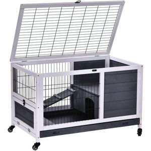 Pawhut - Wood Indoor Rabbit Hutch Elevated 2-Floor Guineas Pigs Cage w/ Wheels White