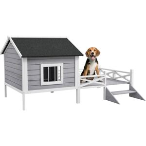 Pawhut - Wooden Dog House w/ Porch, Water-resistant Roof, for s m Dogs, Grey
