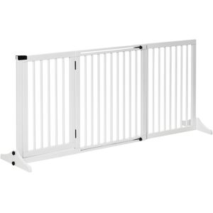 Pawhut - 166cm Wooden Freestanding Pet Gate Adjustable Length w/ Door Lock White