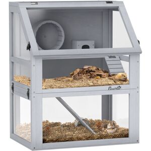 PawHut Wooden Hamster Cage w/ Detachable Bottom, Hut, Seesaw, Light Grey