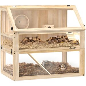 PawHut Wooden Hamster Cage w/ Detachable Bottom, Hut, Seesaw, Natural