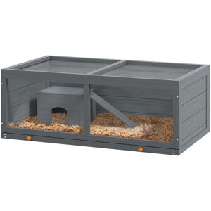 Wooden Hamster Cage w/ Sliding Tray, Openable Top, Hut, Grey - Pawhut