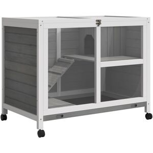 Pawhut - Wooden Rabbit Hutch Guinea Pigs House Small Animal Cage w/ Wheels Grey