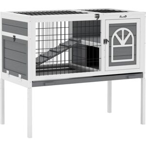Pawhut - Wooden Rabbit Hutch, Small Animal House w/ Removable Tray, Openable Roof Grey