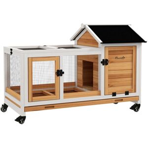 PawHut Wooden Rabbit Hutch, Small Animal House w/ Wheels, Removable Tray Yellow
