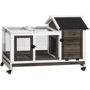 PawHut Wooden Rabbit Hutch, Small Animal House w/ Wheels, Removable Tray Brown