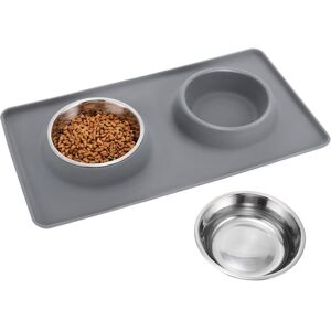 LINGHHANG 48x30cm Silicone Dog Cat Bowl Mat - Double Stainless Steel Bowl with Non-Slip Silicone Tray - Pet Travel Mat