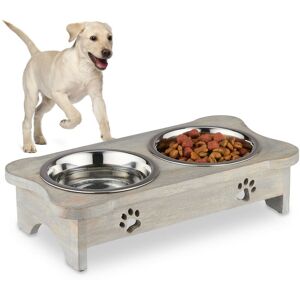 Relaxdays - Dog Bowls with Stand, 2 Dishes, Raised Feeder, Paw Design, 750 ml Each, Mango Wood & Stainless Steel, Grey