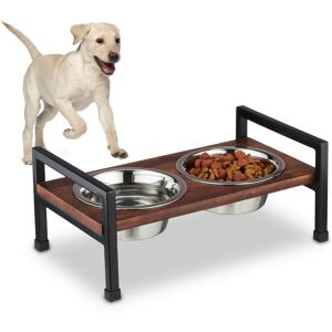 Relaxdays - Dog Bowls with Stand, Raised Feeder, 2 Stainless Steel Dishes, 750 ml Each, Mango Wood & Iron, Brown/Black