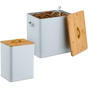 Relaxdays - Food Storage Box, Set of 2, Different Sizes, with Bamboo Lid & Spoon, Iron, Store Dry Pet Feed, White/Natural
