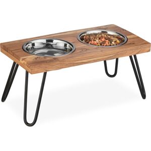 Relaxdays - raised dog bowl set, double dishes, 2 stainless steel water bowls, feeder stand, acacia wood, 1200ml, brown