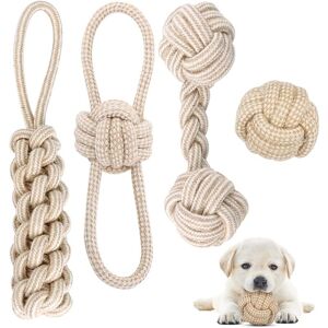 Longziming - Rope and Ball Dog Toy, 4 Pieces Indestructible Dog Toy Set for Puppies/Small/Medium Dogs, Beneficial for Dog's Dental Health- Natural