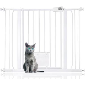 Bettacare Pet Gate with Lockable Cat Flap, 100.8cm - 108.4cm, White, 75cm in Height, Dog Safety Barrier with Cat Flap Bettacare Pet Gate with Lockable Cat Flap, 100.8cm - 108.4cm, White, 75cm in Height, Dog Safety Barrier with Cat Flap