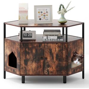 Costway - Corner Cat Litter Box Enclosure Cat House Cabinet Hidden Kitten Washroom-Coffee Costway - Corner Cat Litter Box Enclosure Cat House Cabinet Hidden Kitten Washroom-Coffee