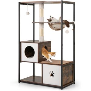 COSTWAY 131CM Tall Wooden Cat Tree w/2 Condos & Sisal Scratching Posts Coffee COSTWAY 131CM Tall Wooden Cat Tree w/2 Condos & Sisal Scratching Posts Coffee
