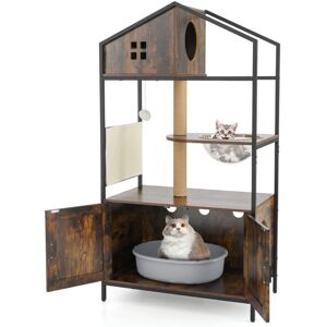 COSTWAY Enclosure Industrial Cat Tower 150CM Cat Tree with Litter Box Brown COSTWAY Enclosure Industrial Cat Tower 150CM Cat Tree with Litter Box Brown
