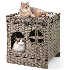 COSTWAY Foldable 2-tier Rattan Cat Litter Box Enclosure w/ Litter Mat-Gray COSTWAY Foldable 2-tier Rattan Cat Litter Box Enclosure w/ Litter Mat-Gray
